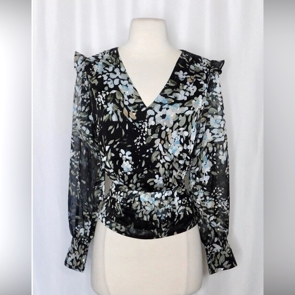 Beautiful feminine blouse, sheer sleeves, fitted waist. Excellent condition.